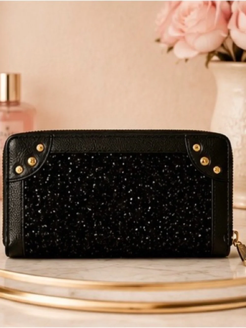Juicy Couture Black Sequin Continental Zip Around Wallet Pink Interior NWT